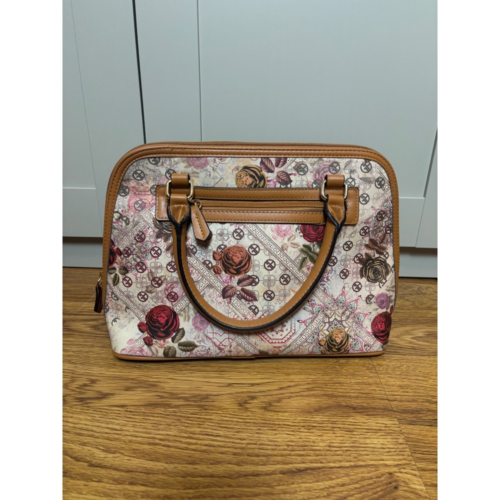 Giani Bernini Floral Tapestry Dome Satchel Handbag Cream Tan Burgundy Gold Tone
